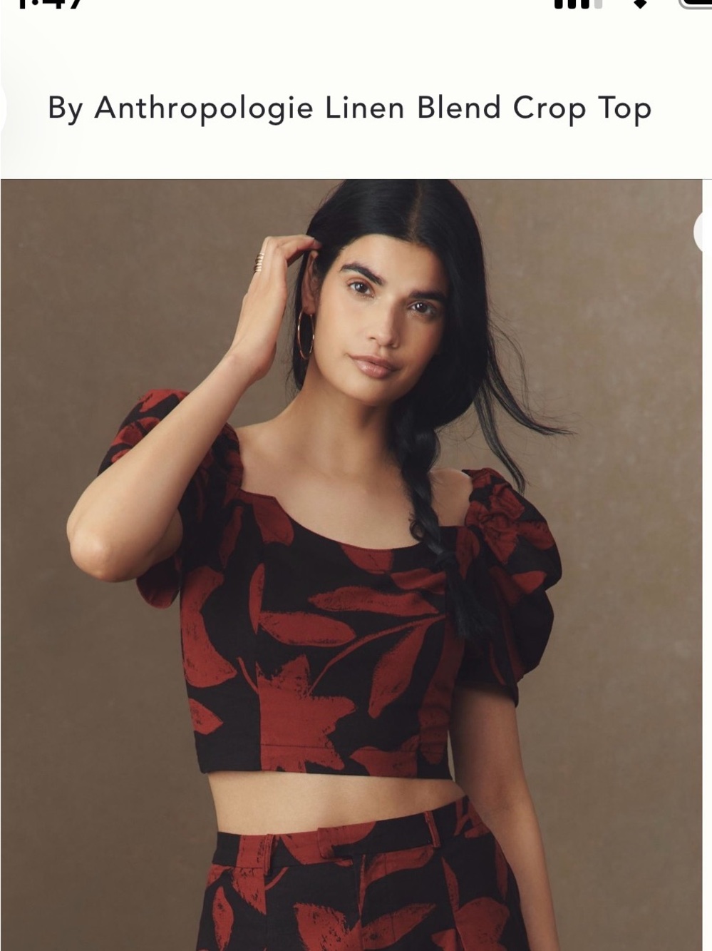 Anthropologie Black & Red Floral Puff-Sleeve Linen-Blend Crop Top